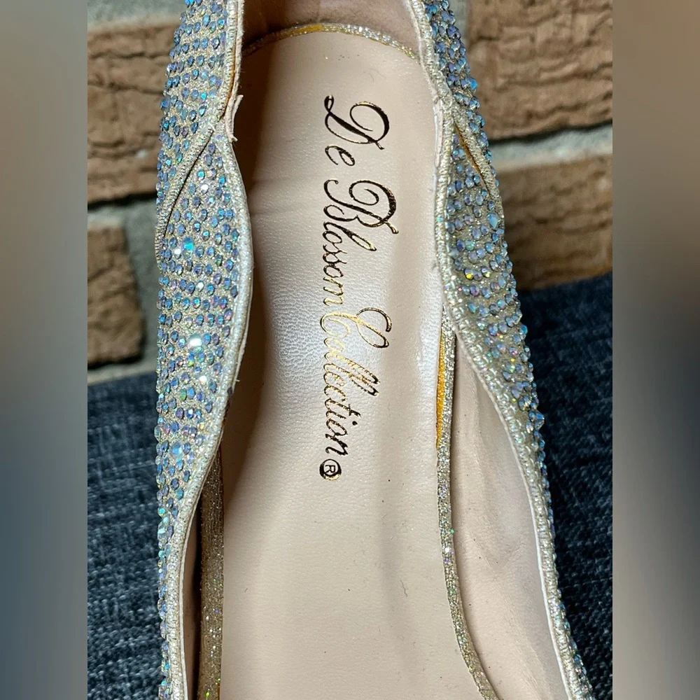De Blossom Barbara Rhinestone Peep Toe Heels Gold Formal Wedding Size 9 NEW